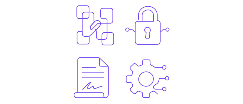 Vector icon set collection of 4 icons for cybersecurity and blockchain technology featuring a digital lock, smart contract document, network nodes, and an automated gear with circuit lines.