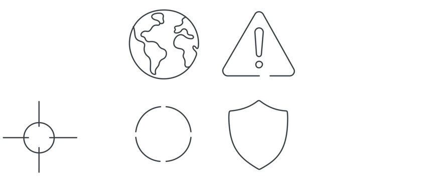 Vector icon set of 4 minimalist line icons for cybersecurity and global threat intelligence featuring a world globe, warning triangle, target crosshairs, and protective shield for network security.