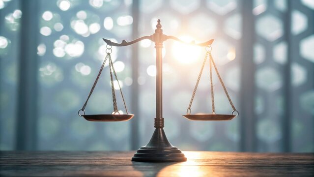 A bronze balance scale stands on a wooden surface with light filtering through a window in a blurred background.
