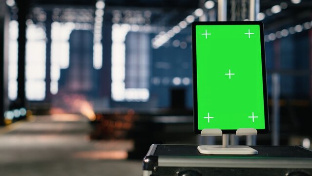 Vertical green screen in a heavy industry factory features metallic pipes, steel frameworks and automation machinery. Empty production hall highlights industrial efficiency and modern engineering.