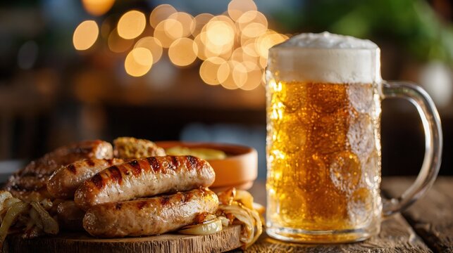 mug of beer with foam and Grilled sausages on a wooden table