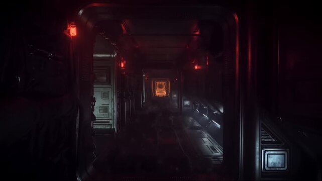 Dolly tracking slow motion through spaceship corridor approaching airlock inside dark metallic interior with red warning lights