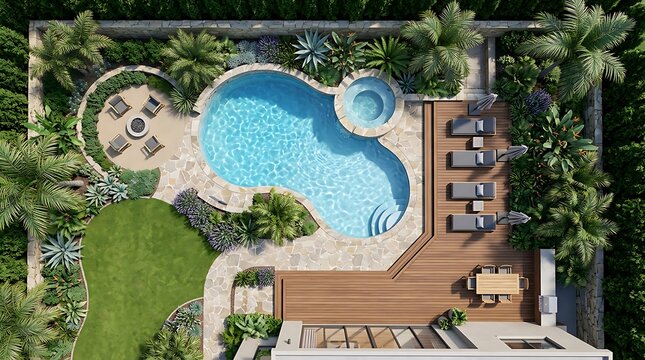 Top down view of luxury residential backyard pool and hot tub with wooden deck and tropical garden