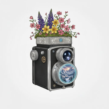 Captivating vintage twin lens reflex camera features beautiful floral arrangement of colorful blooms including lupine, atop its classic black