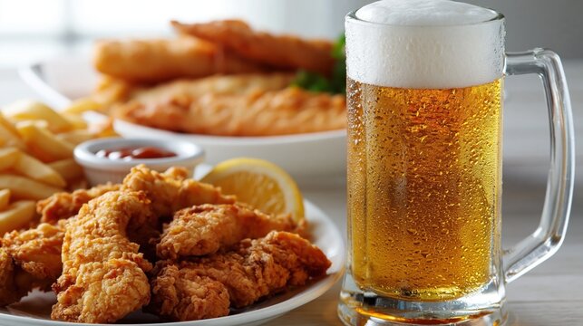Chicken tenders and Fish and chips, a large frosty mug of beer