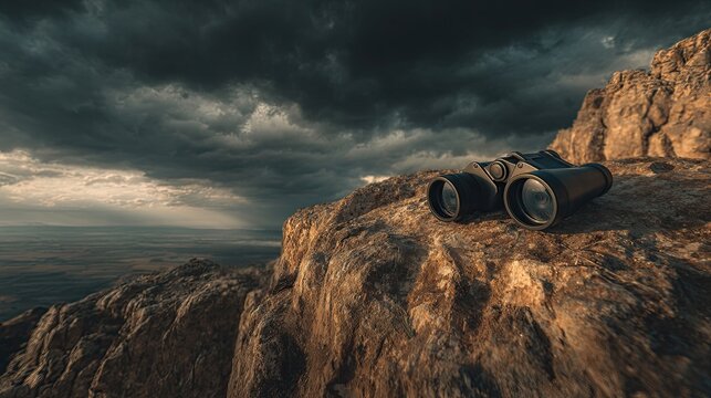 Binoculars rest on a rugged cliff edge under a dramatic, cloudy sky overlooking a vast seascape at dusk or dawn.