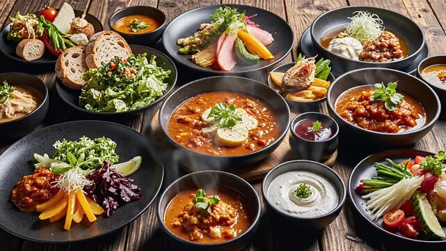 Large assortment of gourmet dishes on a rustic wooden table