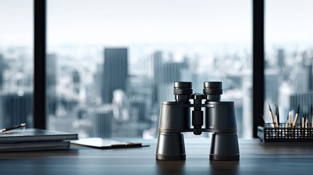 Binoculars on a desk with office supplies and a cityscape blurred in the background through large windows.