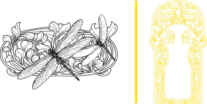 Art Nouveau vector illustrations with dragonflies and decorative floral frame. Ideal for vintage invitations, posters, and aesthetic graphic design projects