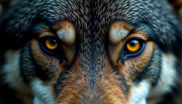 Close-up portrait of wolf eyes. Intense gaze of wild predator in forest. Sharp look of animal with glowing amber iris. Nature wildlife photography concept capturing primal instinct.