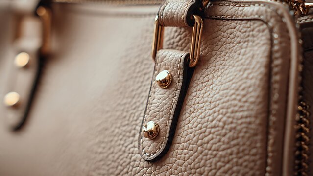 Close-Up Macro Shot of Beige Pebbled Leather with Elegant Gold Detailing