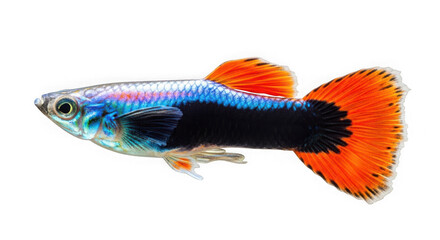 Fototapeta premium Colorful guppy fish with blue and orange fins isolated on transparent background
