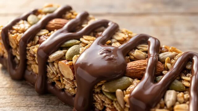 Healthy Homemade Granola Bar Drizzled with Rich Dark Chocolate.