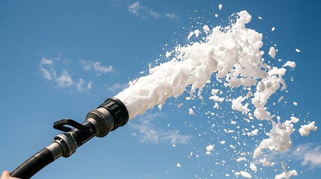 White foam sprays from a hose nozzle against a blue sky, demonstrating fire suppression or industrial cleaning