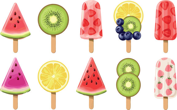 Colorful Fruit Popsicle Collection Featuring Watermelon, Kiwi, Lemon, and Strawberry Flavors for Summer Refreshment and Food Design
