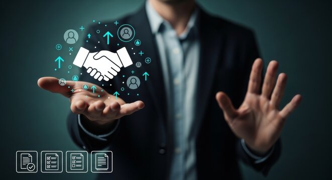 Businessman showing handshake icon with employee growth symbols and contract documents, representing partnership, recruitment, collaboration, HR strategy and human resource development in business.