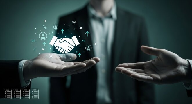 Businessman showing handshake icon with employee growth symbols and contract documents, representing partnership, recruitment, collaboration, HR strategy and human resource development in business.
