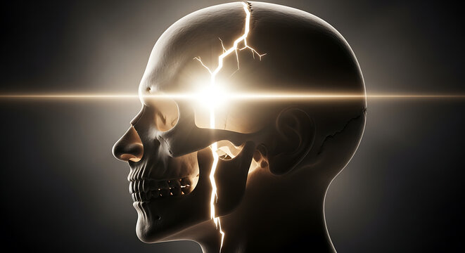 Human skull exploding with bright lightning cracks and glowing energy inside head