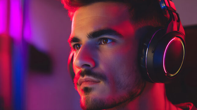 Gen z male gamer wearing headset while playing online with friends, medium close-up, rgb-lit gaming room, focused expression, modern tech setup, cinematic ambient lighting isolated in neutral studio