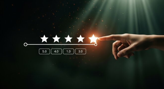 Hand giving five star rating on virtual interface, symbolizing excellent customer satisfaction, online review system, feedback evaluation, and business reputation management. 