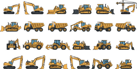 Construction Machinery Set with Excavators, Bulldozers, Cranes, and Dump Trucks for Heavy Equipment and Industrial Design © MdAbdul