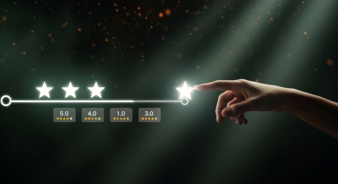 Hand giving five star rating on virtual interface, symbolizing excellent customer satisfaction, online review system, feedback evaluation, and business reputation management. 