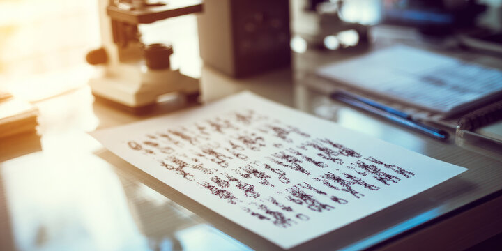 High detail chromosome karyotype scientific illustration printed on glossy medical chart on clean desk, medium close-up composition, modern laboratory setting, bright lighting