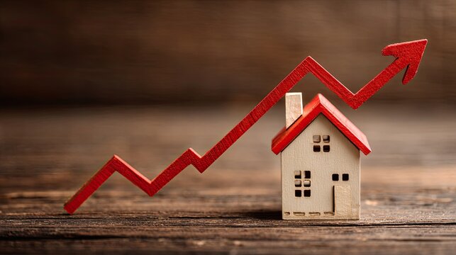 Red arrow graphs upward trajectory over miniature house on wooden surface