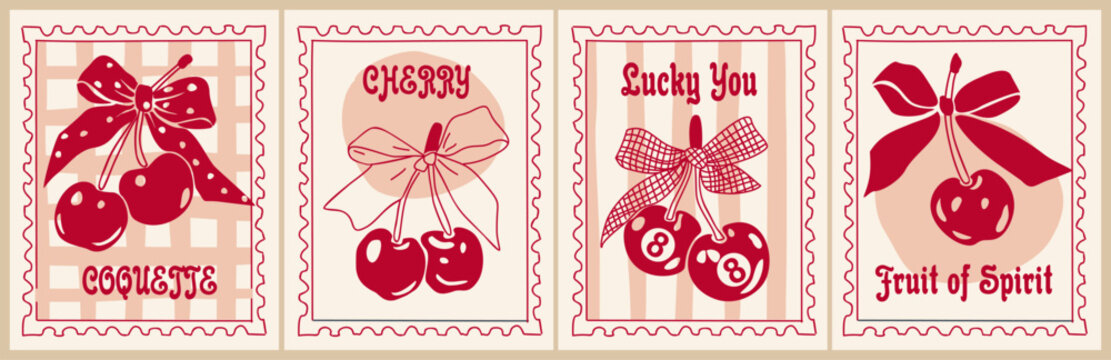 Trendy retro poster set with coquette cherries red bows and hand drawn illustrations on striped and checkered beige pink postmark style backgrounds