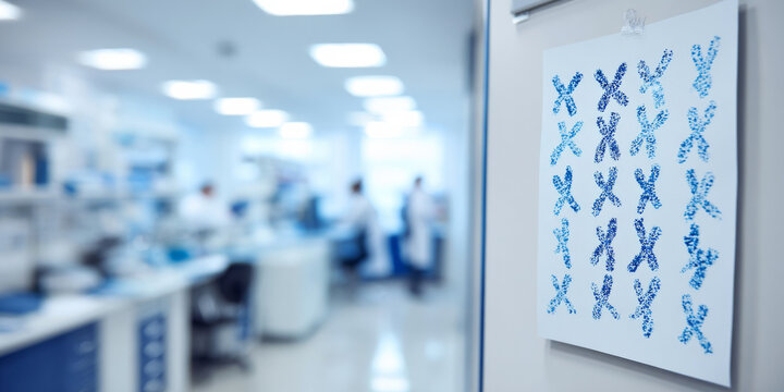 Printed cytogenetics reference poster with human chromosome karyotype pairs arranged scientifically on lab wall, medium close-up research environment, bright clinical lighting