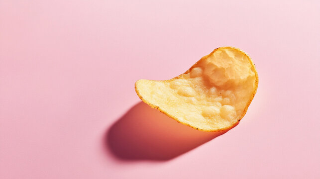 Floating potato chip on a simple pink background shows snack detail and shape Generative AI