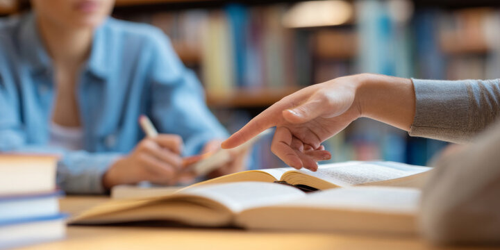 Editorial style female student helping classmate study while pointing at textbook page in library, medium close-up learning moment, bookshelves background softly blurred with studio lighting