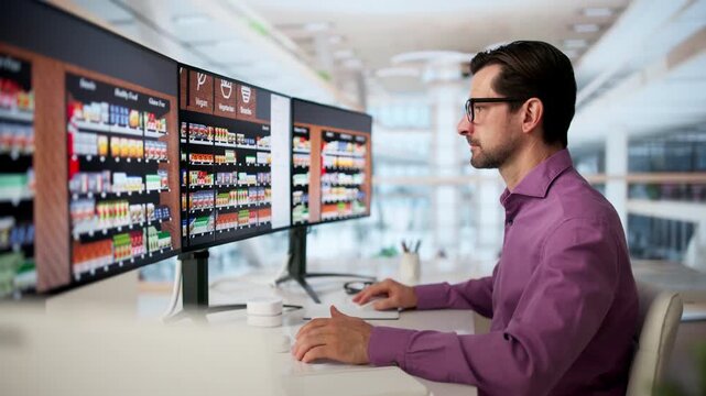 Retail Manager Reviews Supermarket Planogram Using Computer
