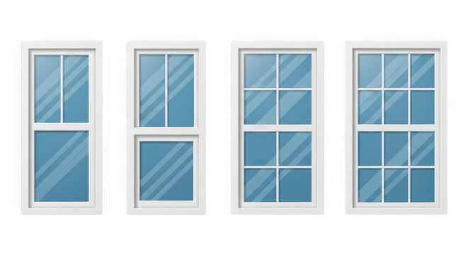 Four white framed windows with blue panes on a transparent background