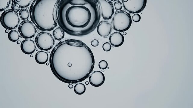 Macro shot of clear liquid bubbles on neutral background
