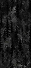 Stylized pine tree forest creating a monochrome seamless pattern for dark backgrounds. Dark forest damask pattern with pine trees
