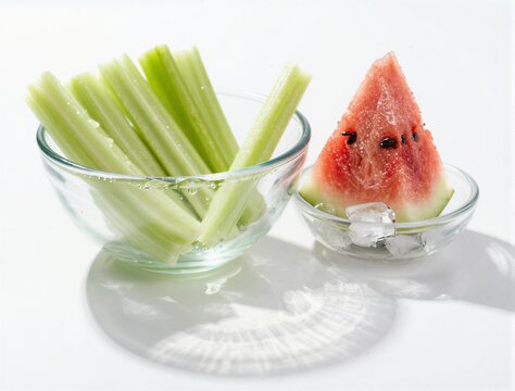Celery sticks and watermelon wedge chilled in glass bowls