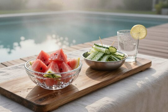 Watermelon and cucumber slices served on wooden board by pool