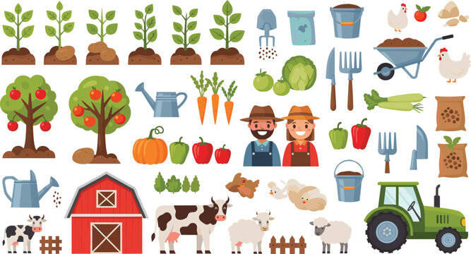 Farm Life and Agriculture Illustration Set with Crops, Farming Tools, Animals, Tractor, Barn, and Farmers for Rural, Harvest, and Gardening Themes