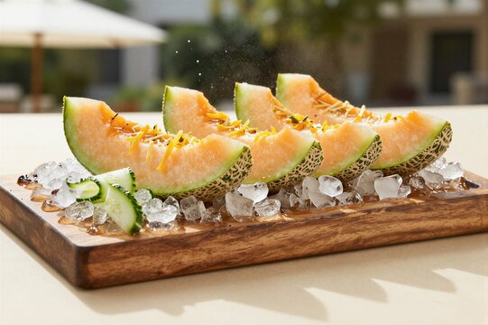 Cantaloupe slices on ice on wooden board topped with seasoning