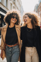 Fototapeta premium Minimal gen z women talking and laughing while walking together through sunny city street, medium close-up lifestyle interaction, casual modern clothing, urban background softly blurred isolated on