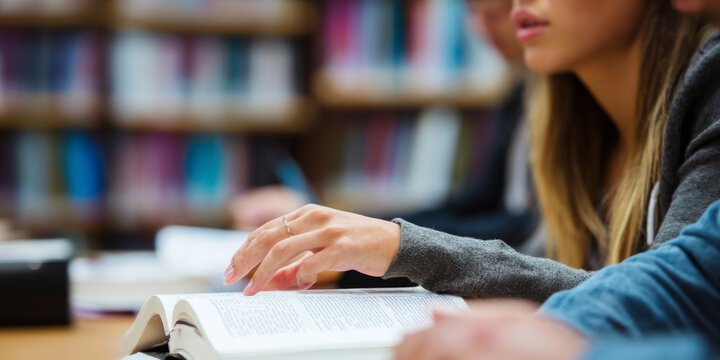 Clean layout of female student helping classmate study while pointing at textbook page in library, medium close-up learning moment, bookshelves background softly blurred with clean background