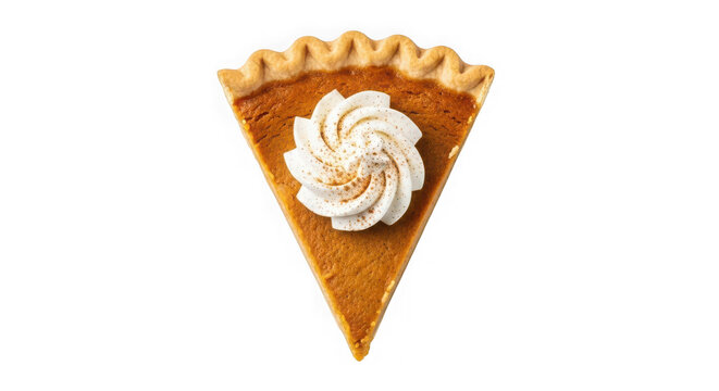A slice of pumpkin pie with whipped cream on top isolated on transparent background