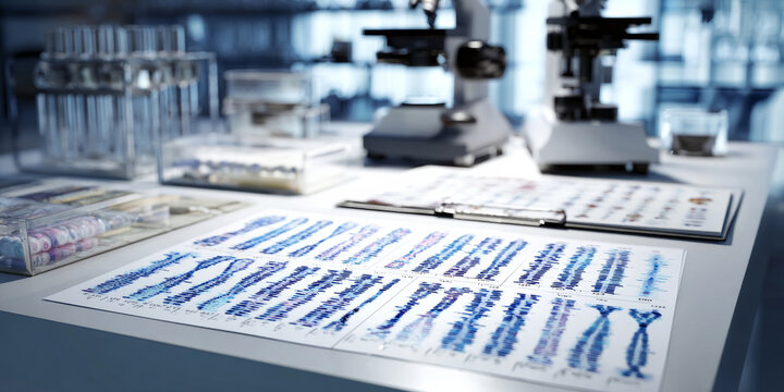 Clean layout of printed human karyotype chart showing 23 chromosome pairs laid out on laboratory desk with research notes nearby, medium close-up composition, modern genetics lab setting, bright white