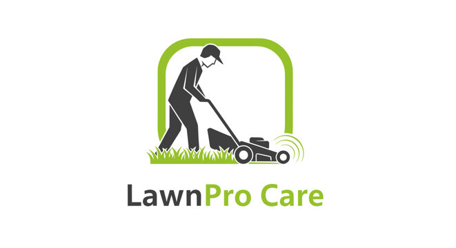 LawnPro Care logo with a man mowing a lawn inside a green frame.