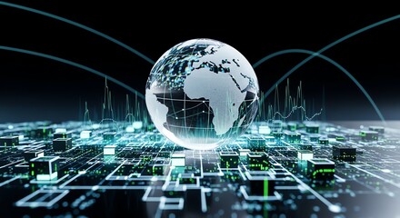 Fototapeta premium Futuristic digital globe with interconnected network lines over a cityscape background.