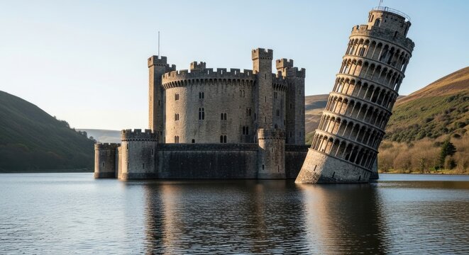 A creative digital montage placing the Leaning Tower of Pisa beside a Welsh castle, such as the massive Caernarfon Castle or Caerphilly Castle.