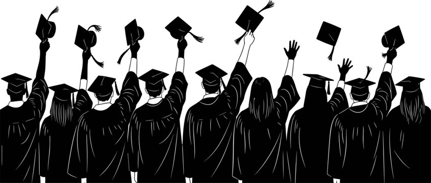 Graduation silhouette illustration of students throwing caps in the air for university college degree celebration success and academic achievement concepts