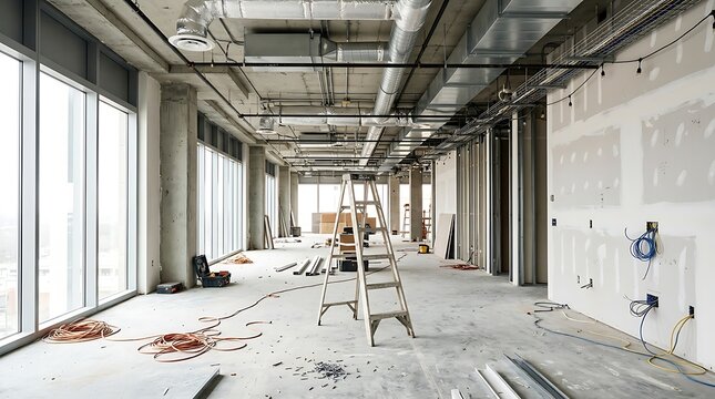 Large-scale urban construction project highlighting the installation of HVAC systems, drywall, and electrical wiring in a modern skyscraper interior