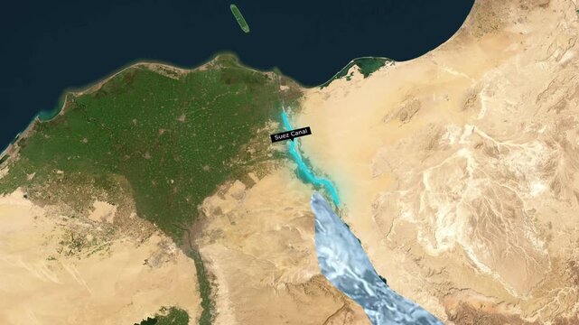 Suez Canal Satellite Map Animation Dynamic Water Overlay and Zoom Out of Egypt's Strategic Waterway